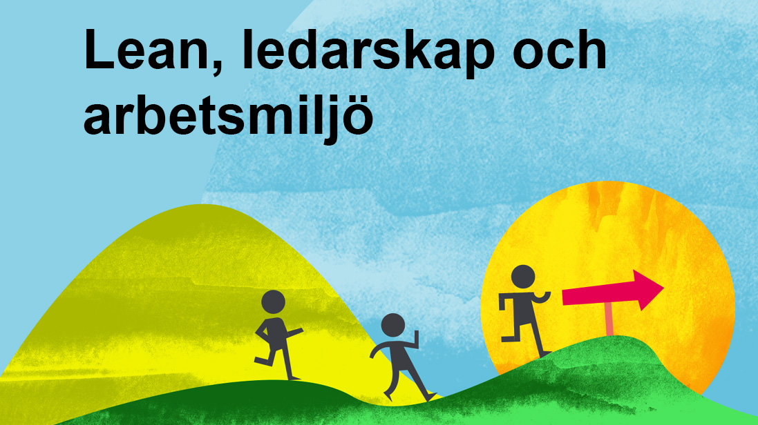 Dekorativ bild med tre streckgubbar som springer i grönt landskap mot soluppgång