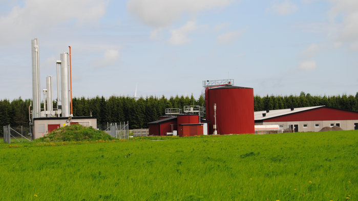 Lantbruksbyggnader på grönt fält