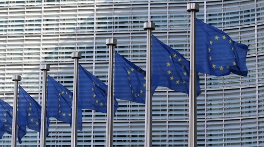 Raden med EU-flaggor framför parlamentet i Bryssel